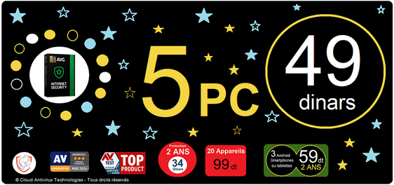 Top Alerte ! C.A.T - Avast Tunisie vous présente : Promotion spéciale AVG Internet Security pour 5 PC 1 an à 49 DT, disponible exclusivement à Menzah 7 – Ariana, Tunisie. C'est le top des Antivirus premium pour une protection PC Windows complète en ligne et hors ligne en Tunisie. Antivirus efficace et primé pour une meilleure sécurité des fichiers personnels, vie privée, transactions bancaires, protection des e-mails, détection intelligente des menaces, blocage des ransomwares, sécurité Wi-Fi, pare-feu personnalisable, protection anti-phishing et mise à jour automatique. Empêche les logiciels espions d’accéder à vos fichiers sensibles et ne laisse personne utiliser votre Webcam pour vous espionner, maintient la sécurité de votre PC à jour et à l'abri des cybermenaces quand vous êtes en ligne.
