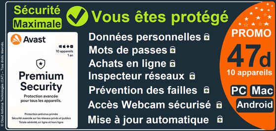 CAT - Cloud Antivirus Technologies - Avast Tunisie à Menzah 7, Ariana ville en Tunisie vous présente : Avast Premium Security 2026 Logiciel qui offre une protection complète en temps réel contre les virus, ransomwares, spywares, phishing et autres cybermenaces tout en préservant votre confidentialité. Il détecte et répare toutes les failles, même les plus fines, et protège votre PC Windows contre les attaques, escroqueries en ligne et l’espionnage via webcam. Cet antivirus en temps réel détecte tous types de cybermenaces, analyse et neutralise les fichiers inconnus dans le cloud, dispose d’un pare-feu personnalisable, d’un agent contre l’accès à distance et vous protège des sites web frauduleux. Il inclut également Sandbox pour ouvrir les fichiers suspects en toute sécurité, Inspecteur Wi-Fi pour détecter vulnérabilités et intrusions, Agent e-mail pour bloquer les pièces jointes dangereuses, alertes anti-piratage, Agent de données sensibles et Broyeur de données pour protéger vos fichiers et votre vie privée, ainsi que SoftwareUpdater pour maintenir vos logiciels essentiels à jour.