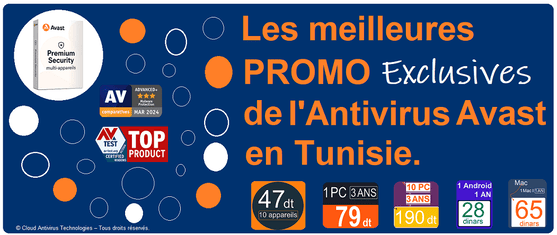 C.A.T – Avast Tunisie, première boutique 100% spécialisée dans la vente antivirus pour la famille et les entreprises en réseaux, présente les meilleures promotions Avast et AVG exclusives 2026 pour la cybersécurité famille. Protégez dès aujourd'hui vos appareils avec un bouclier numérique complet et intelligent au meilleur prix avec le top des antivirus premium Multi-appareils, Avast Premium Security et AVG Internet Security. Nos antivirus premium multi-appareils Avast et AVG couvrent PC, Mac, Android et iOS, offrant antivirus, antimalwares, antiransomwares, antiphishing, anti-espionnage de webcam, tout en préservant votre vie privée et la confidentialité de vos données grâce à VPN intégré et optimisation des performances.
