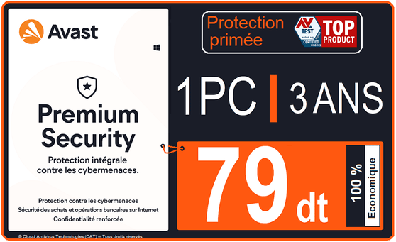 Nouvelle image : C.A.T – Cloud Antivirus Technologies - Avast Tunisie vous présente Avast Premium Security 1 PC 3 ANS meilleur prix du marché de l’antivirus en Tunisie : 79 DT !  Avast Premium Security, une solution fiable pour une protection totale ✔ Antivirus primé ✔ Protection en ligne invulnérable ✔ Confidentialité totale contre les pirates et les logiciels espions. ✔ Détecte et répare toutes les failles, même les plus fines, qui peuvent servir de point d’entrée aux malwares tels que les logiciels obsolètes, les mots de passe faibles et les compléments inutiles... Grâce à son analyse comportementale ultra-rapide et son réseau de détection des menaces (l’un des plus grands au monde), Avast Premium Security garantit une protection puissante:  mpêche les logiciels espions d’accéder à vos fichiers sensibles et ne laisse personne utiliser votre webcam pour vous espionner. Inclut notre célèbre antivirus primé et gratuit mais avec plus de fonctionnalités: Agent de données sensibles, Mise à jour automatique des logiciels, Broyeur de fichiers indésirables. Avast Premium Security maintient la sécurité de votre PC à jour et à l'abri des cybermenaces quand vous êtes en ligne .Disponible chez CAT - Avast Tunisie à Menzah 7 - Ariana ville