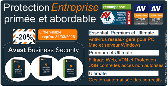 Cloud Antivirus Technologies, CAT - Avast Tunisie vous présente à Menzah 7 - Ariana ville : Avast Endpoint Protection et AVG Business Edition, primées, des solutions de cybersécurité intelligentes, complètes et personnalisables pour vos données, appareils et applications, qui préviennent et protègent le réseau de votre entreprise. Les entreprises en réseaux optent en Tunisie pour Avast Ultimate Business Security car c'est un antivirus géré dans le Cloud doté d'outils professionnels puissants : VPN, Protection USB, controle (filtrage) Web et gestion automatisée des correctifs. Protection primée toujours à la pointe de la technologie et une détection Premium rapide, efficace, fiable pour une performance inégalée, Avast Ultimate Business Security comprend aussi la Protection contre le phishing, les ransomwares, les violations de données et plus encore. Profitez de -20% de réduction sur votre premier abonnement 