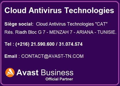 CAT - Avast Tunisie, première boutique 100% spécialisée dans la vente des antivirus Famille et Entreprise et dédié Avast et AVG en Tunisie. Contactez notre assistance spécialisée tous les jours 7j /7: Tel : 21590600 - 71237530 - disponible sur Whatsup. Partenaire officiel Avast Tunisie et fournisseur incontournable de solutions antimalwares, nous sommes votre cybersécurité haute gamme à Menzah 7 – Ariana ville en Tunisie à votre service.