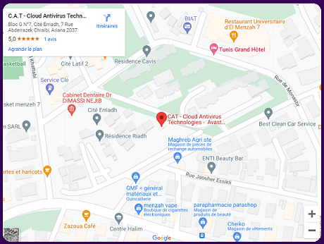 Nous trouver sur Google maps : Siège sociale de Cloud Antivirus Technologies (C.A.T) - Avast Tunisie, à Menzah 7, Ariana ville - Tunisie : première boutique 100% spécialisée dans le vente des Antivirus Famille et Entreprise et exclusivement dédiée aux antimalwares Avast et AVG en Tunisie. Partenaire officiel Avast Tunisie, CAT- Avast Tunisie est devenue le fournisseur incontournable de solutions antimalwares. Notre site exclusivement spécialisé Antivirus et dédié aux protections Avast et AVG pour la famille et les entreprises en réseaux propose en Promo une gamme premium complète de produits antivirus, antimalware, et VPN pour la famille et les entreprises. Nos top antivirus comprennent des fonctionnalités telles que l'antiphishing, le pare-feu, l'analyse comportementale et intelligente, et le SoftwareUpdater qui corrige les failles de sécurité des logiciels en les mettant à jour.