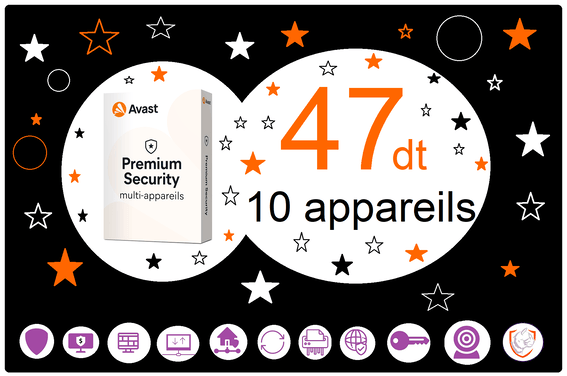 CAT-Avast Tunisie – Promo Avast Premium Security 2026 multi-appareils à 47 DT, recommandé aux familles, protège PC, Mac, Android et iOS, embarque antivirus, antiransomwares, sécurité Wi-Fi et webcam et antiphishing puissant
